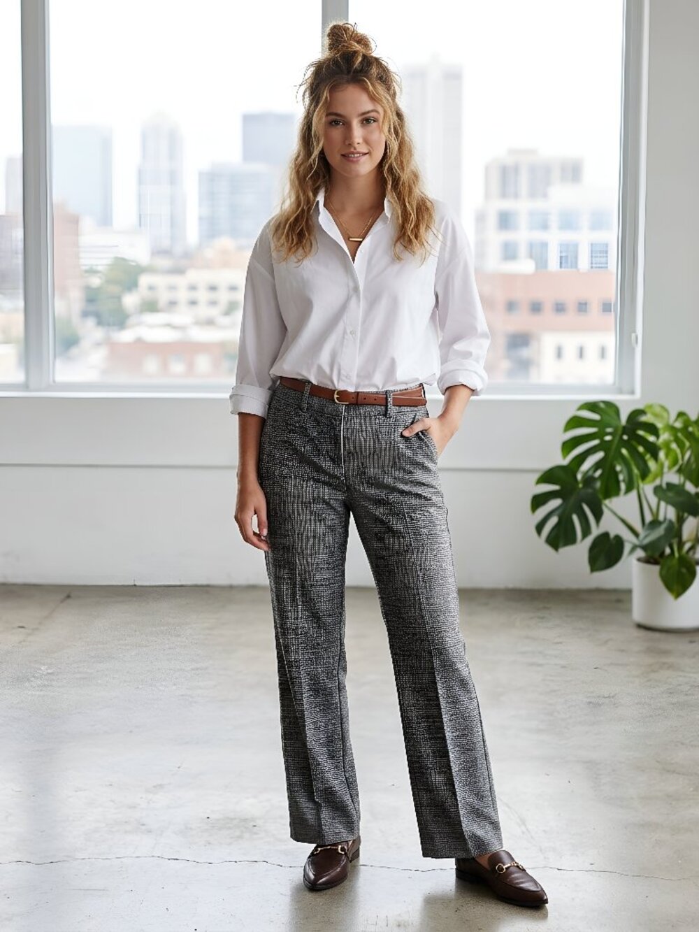 Loft Womens Pants Size 4 Marisa Trousers Black and Cream Glen Check Classic